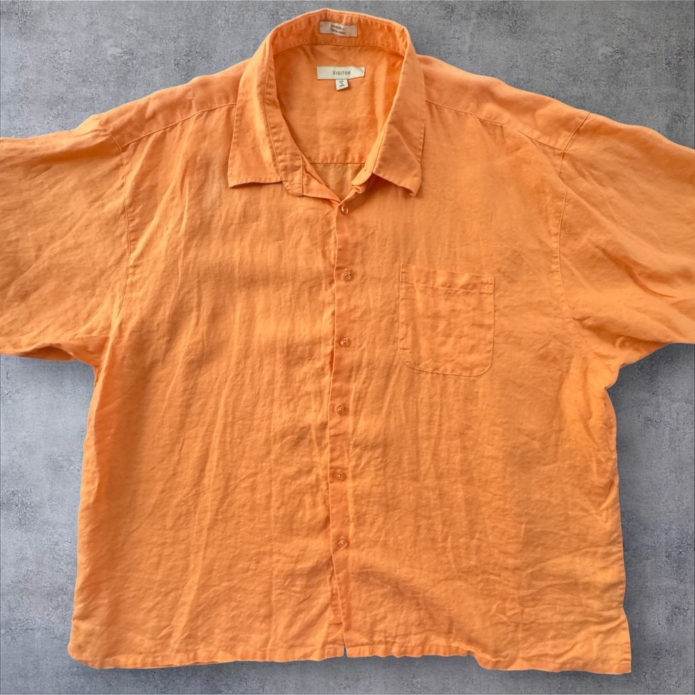 Visitor Button Up Shirt 4X Orange 100% Linen Short Sleeve Big & Tall Melon Peach